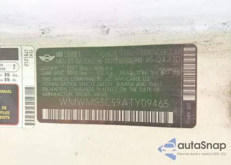 2010 Mini Cooper S z USA, uszkodzony, nr VIN WMWMS3C59ATY09465